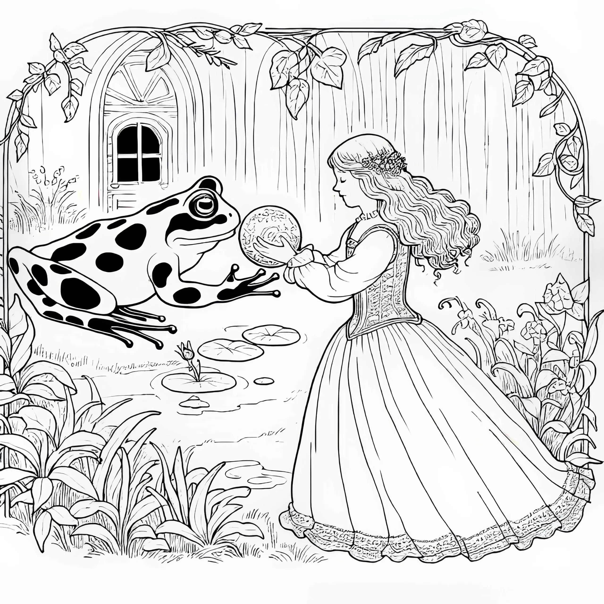 Frosch bringt Kugel zurück und fordert Gegenleistung – Ausmalbild Froschkönig gratis