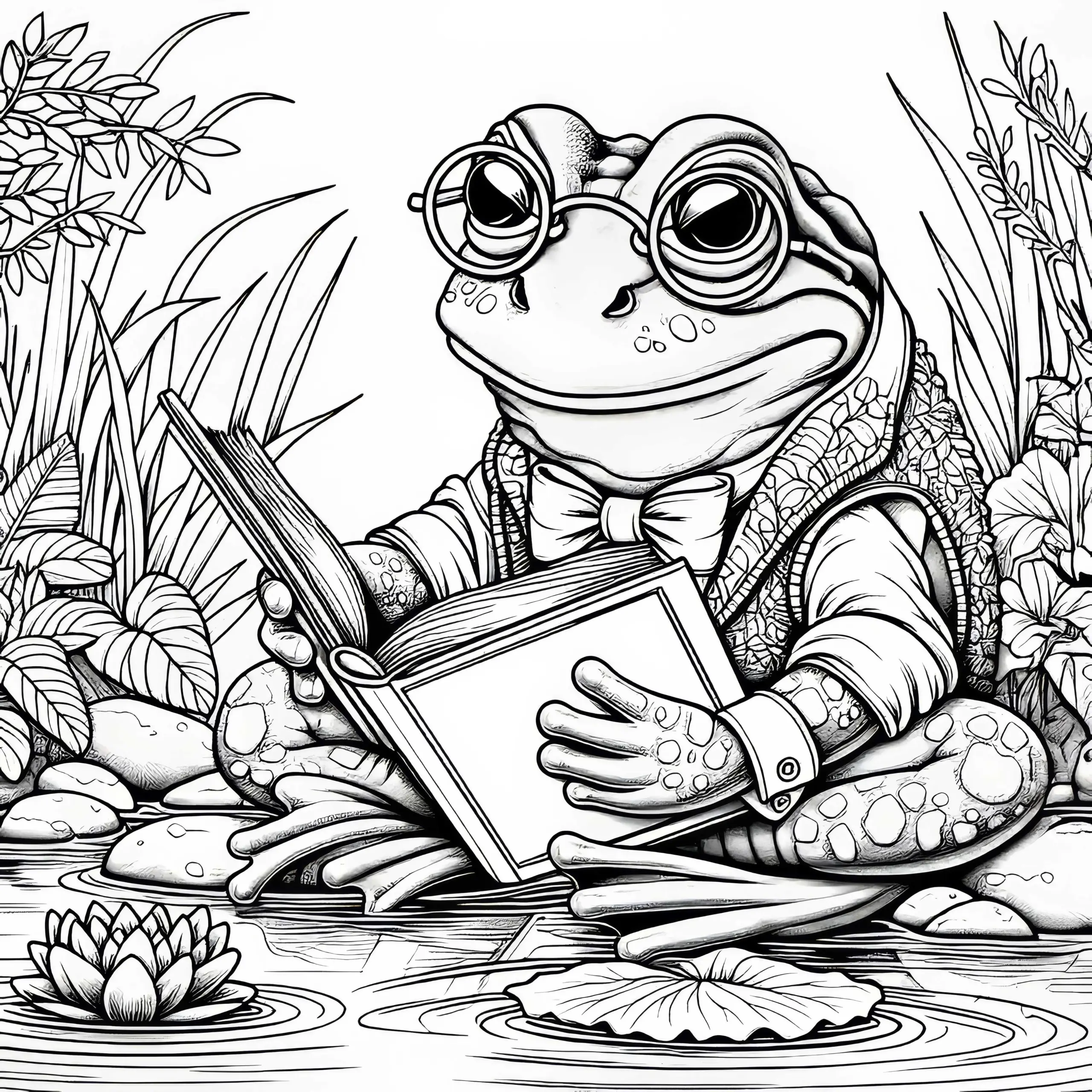Frosch mit Buch und Brille: Kostenloses Ausmalbild