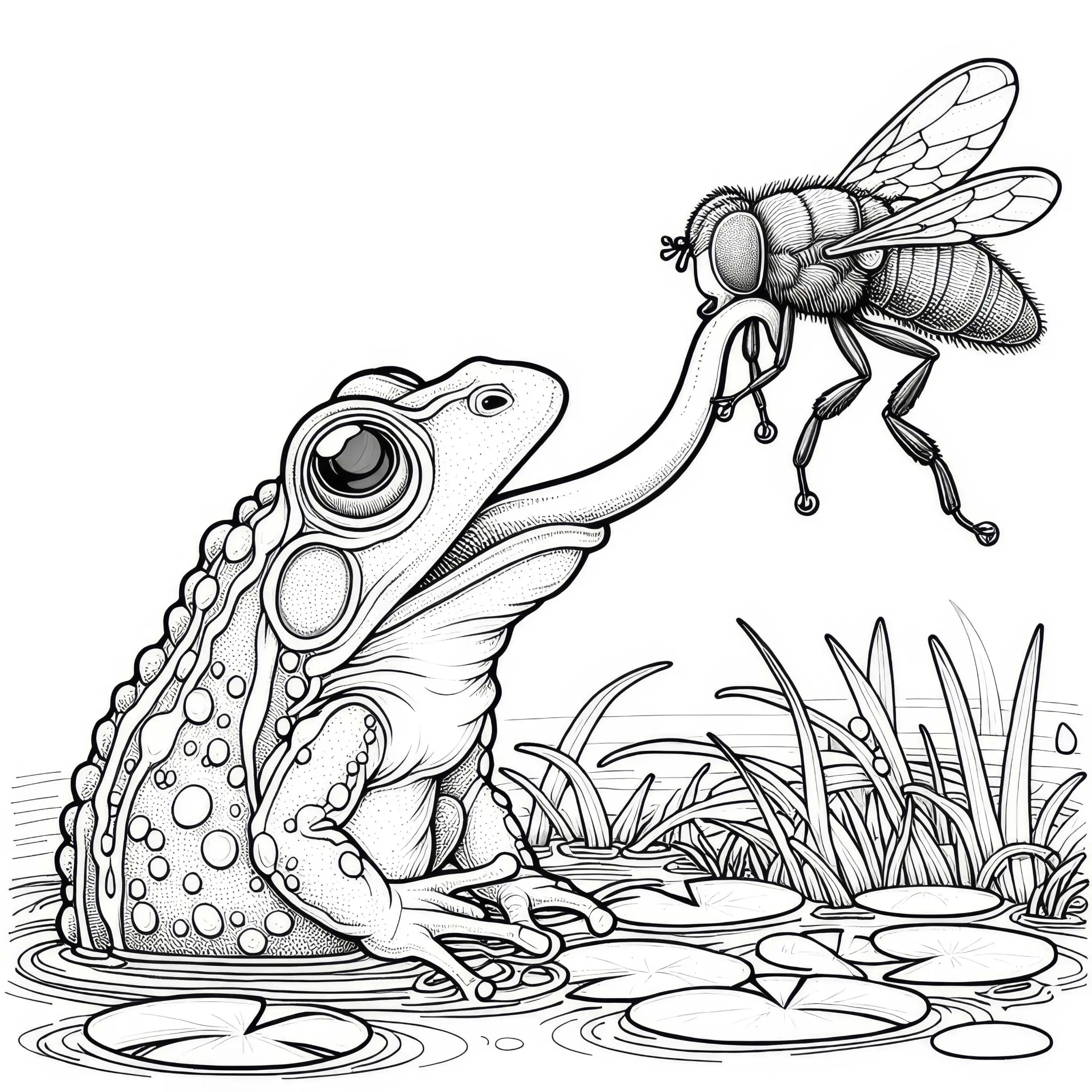Frosch fängt große Fliege: Malvorlage zum Herunterladen (Kostenlos) (Ausmalbild)