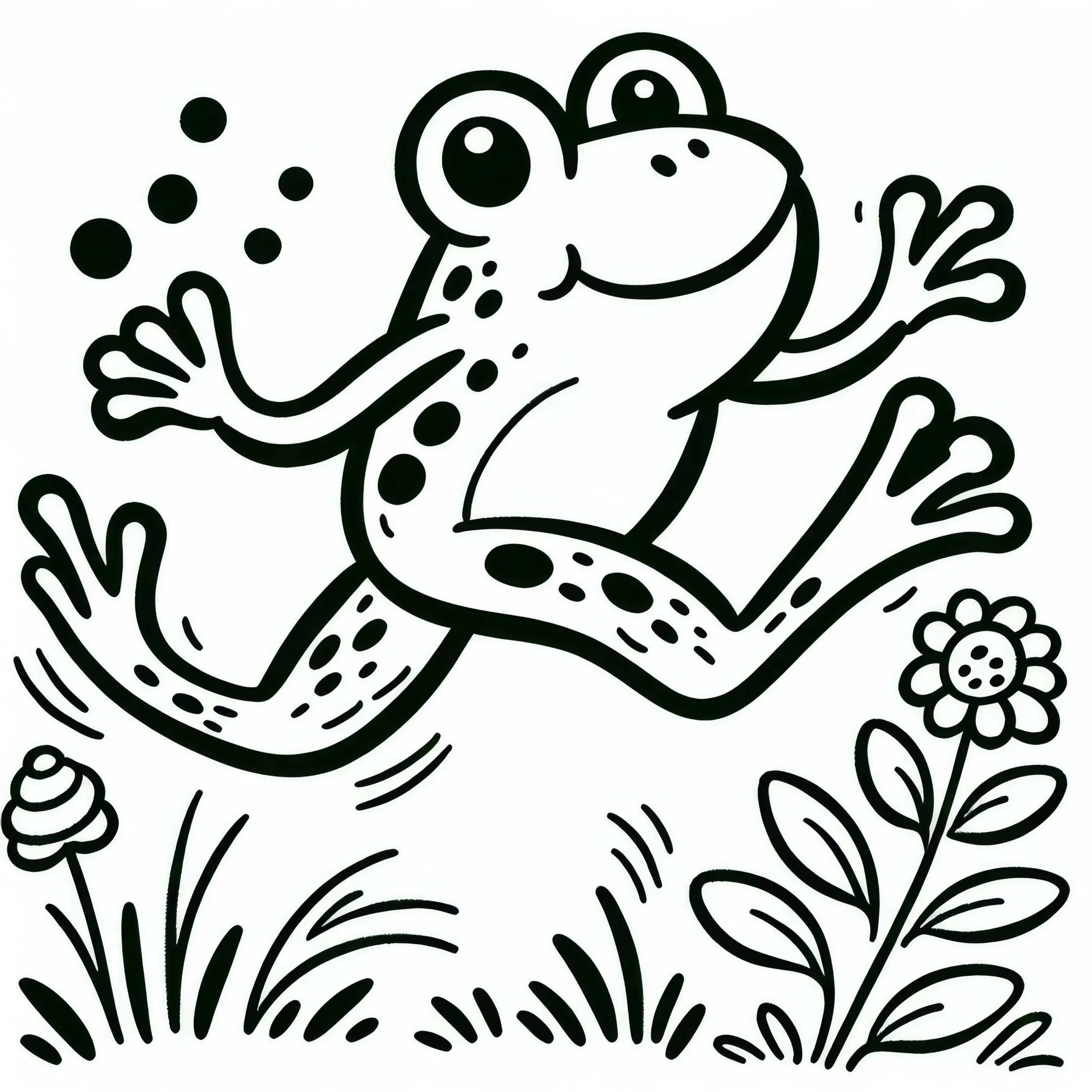 Frosch hüpft über die Wiese: Einfaches Ausmalbild (Gratis)