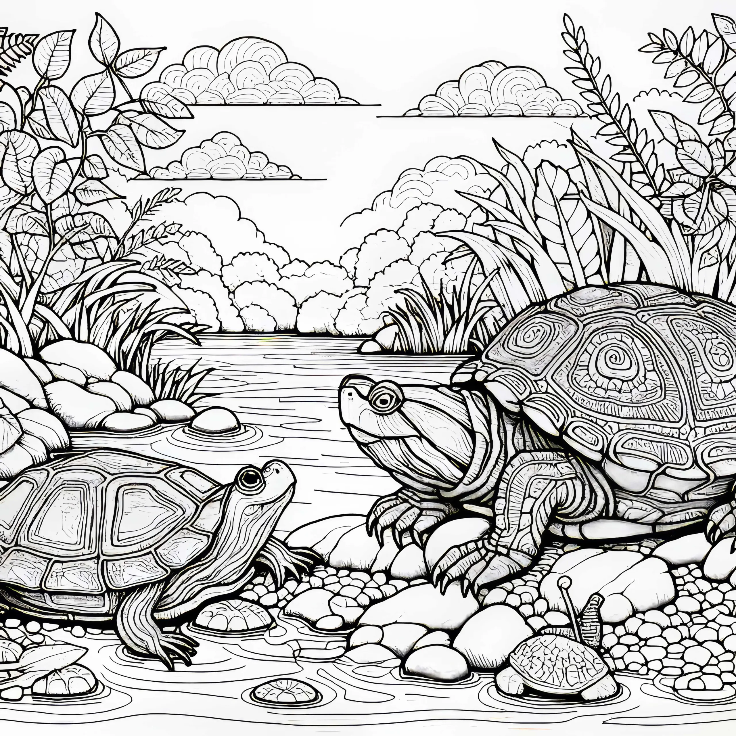 Frosch und Schildkröte am Ufer: Ausmalbild zum Download (Gratis)