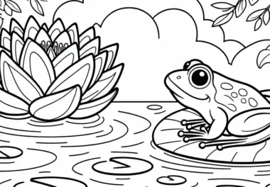 Frosch sitzt auf Blatt nahe einer Seerose – Malvorlage kostenlos