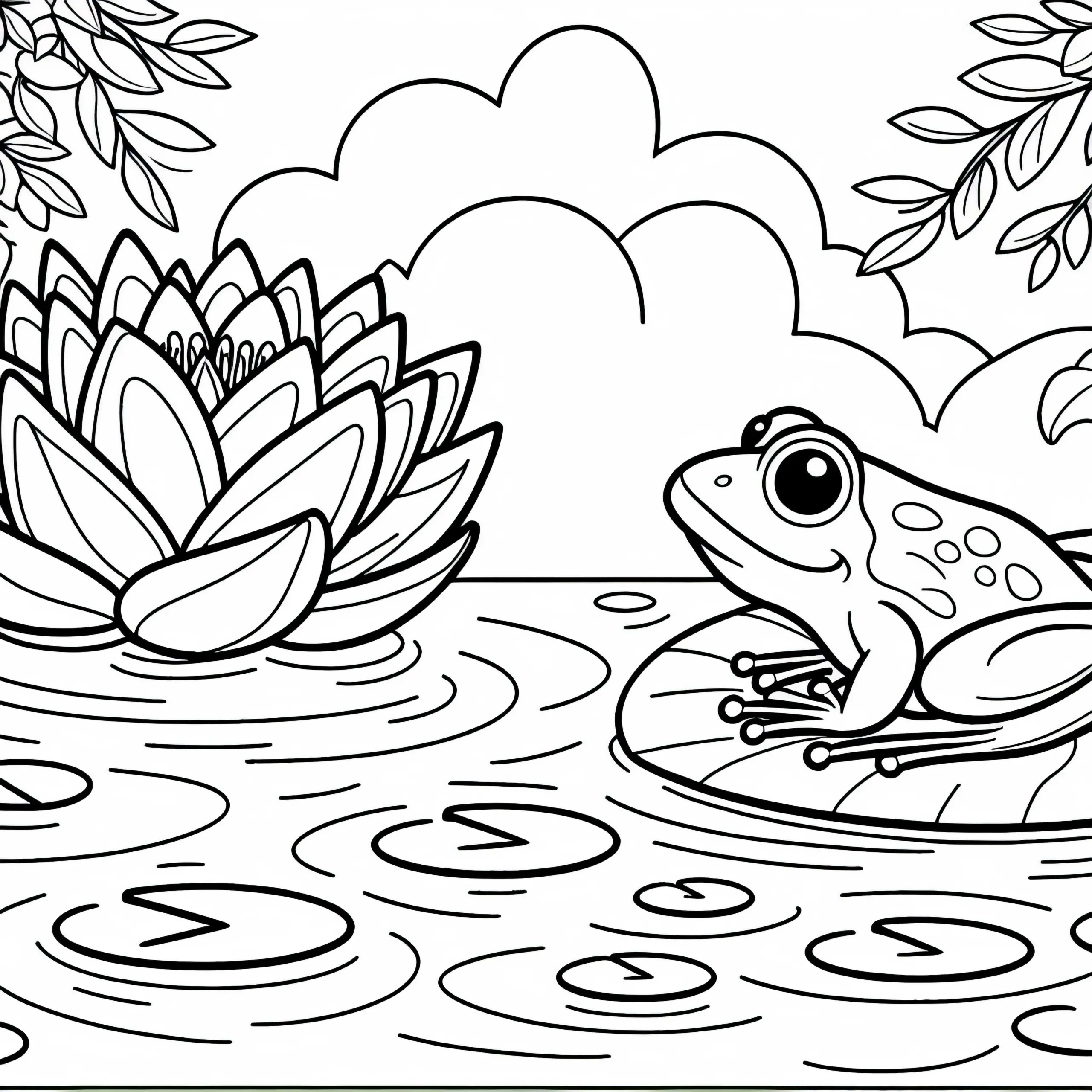 Frosch sitzt auf Blatt nahe einer Seerose – Malvorlage kostenlos (Ausmalbild)