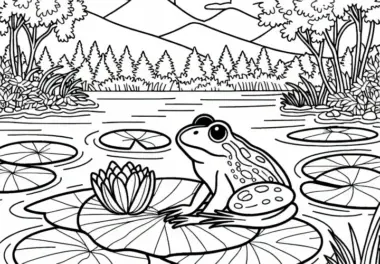 Frosch sitzt auf Seerosenblatt am Seeufer – Malvorlage gratis