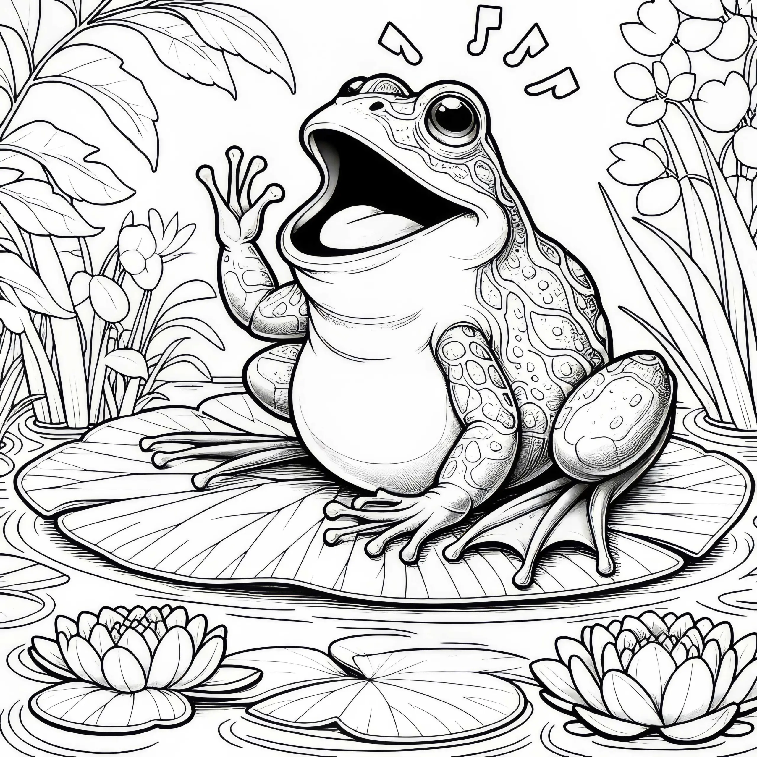 Frosch auf Seerosenblatt: Ausmalbild zum Ausdrucken (Kostenlos)