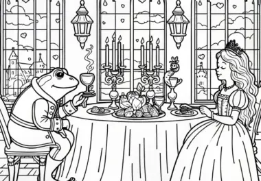 Frosch sitzt mit Prinzessin am Esstisch im Schloss – Malvorlage Froschkönig Kostenlos