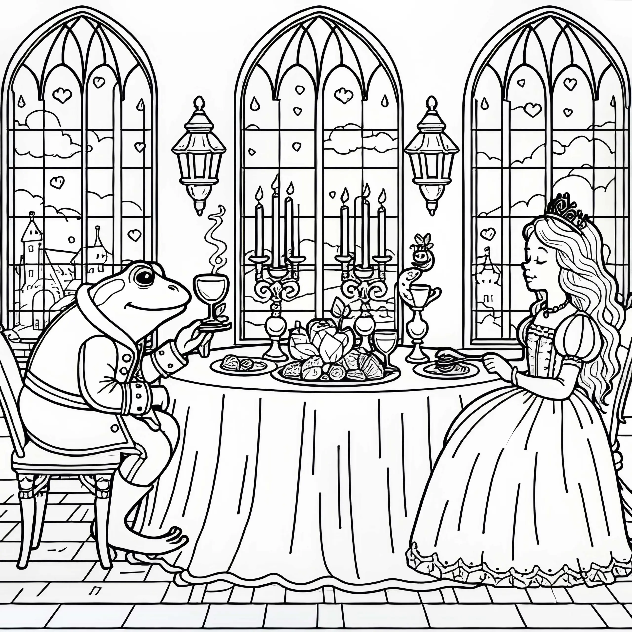 Frosch sitzt mit Prinzessin am Esstisch im Schloss – Malvorlage Froschkönig Kostenlos (Ausmalbild)