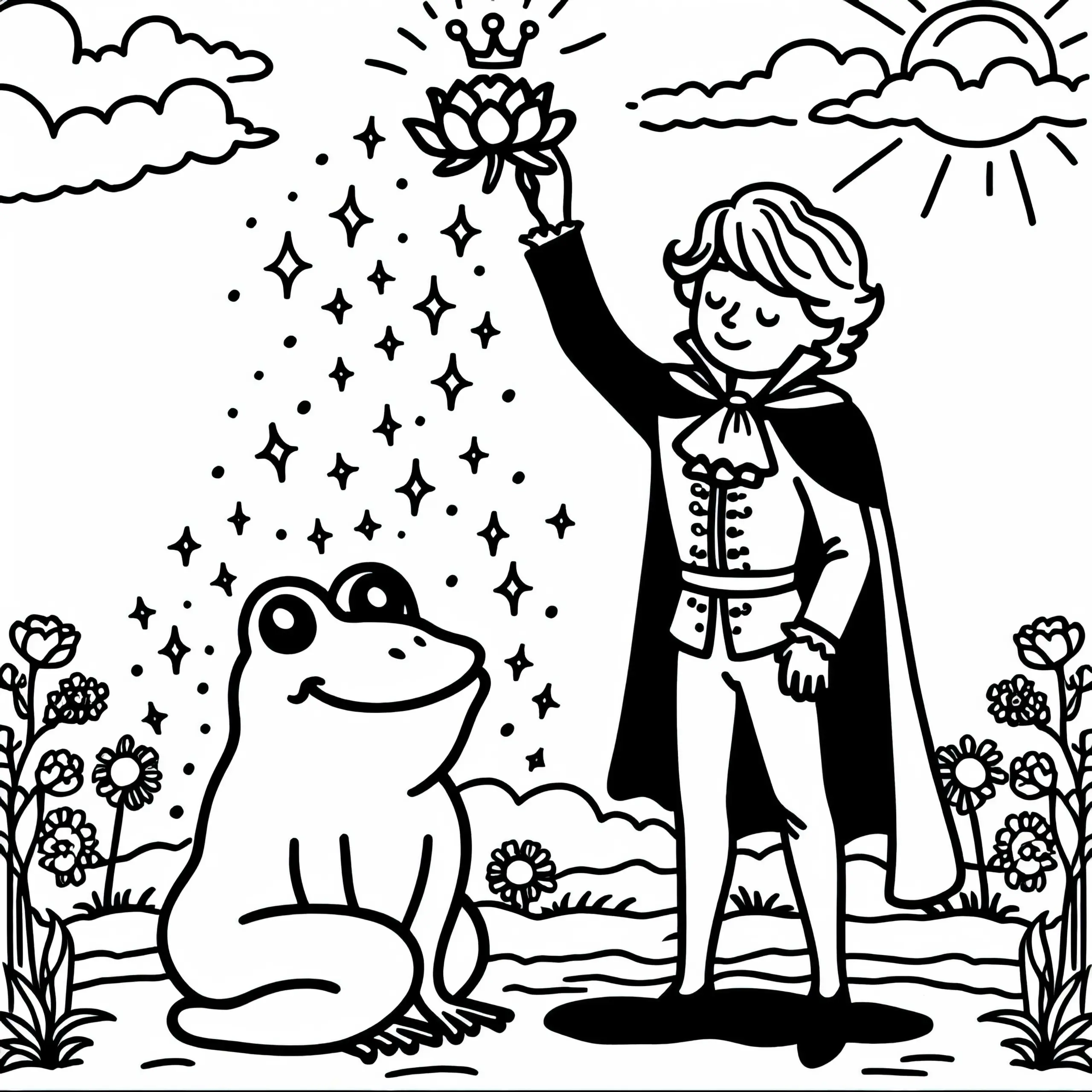 Frosch verwandelt sich in Prinzen – Malvorlage Froschkönig kostenlos (Ausmalbild)