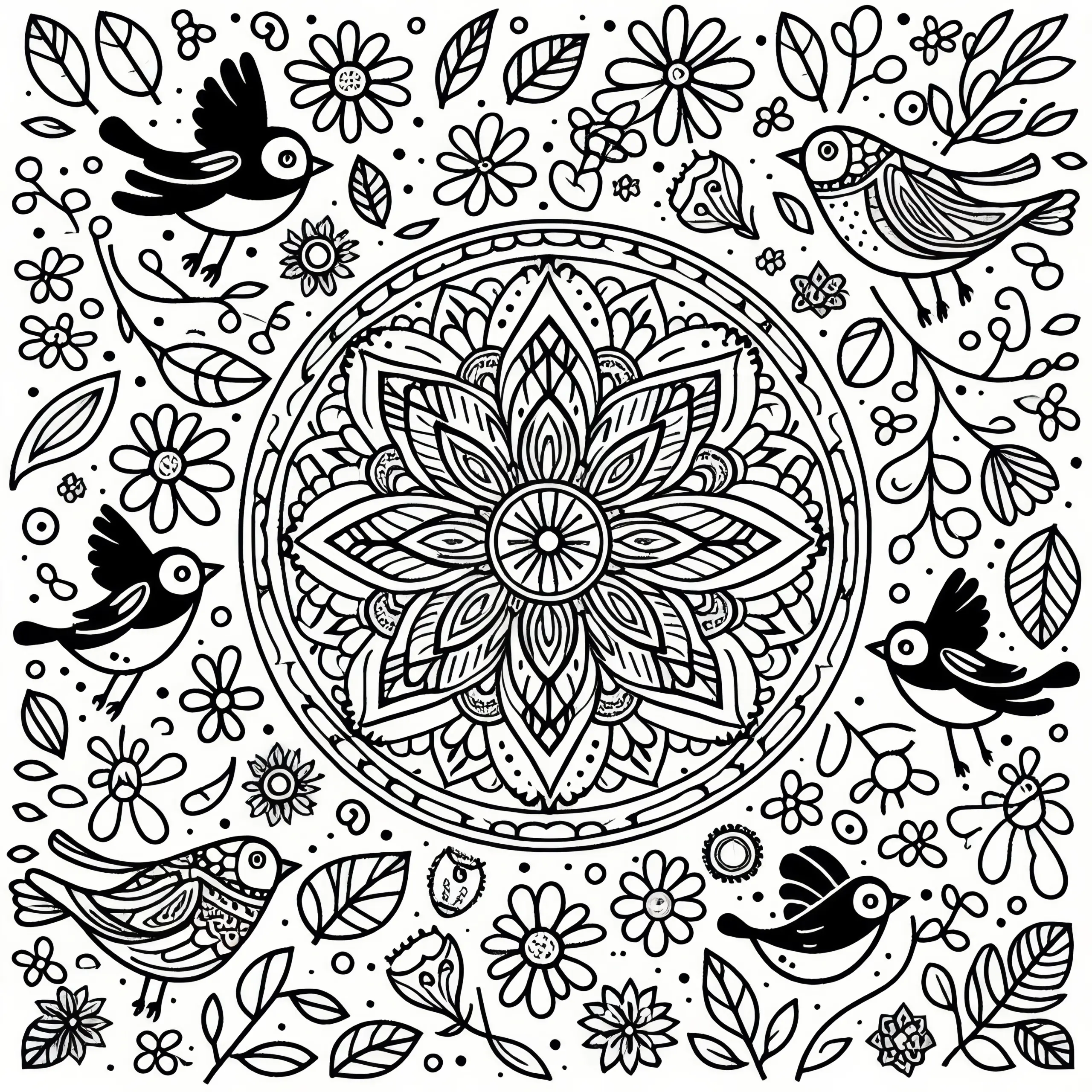 Frühling-Mandala mit Vögeln: kostenloses Ausmalbild