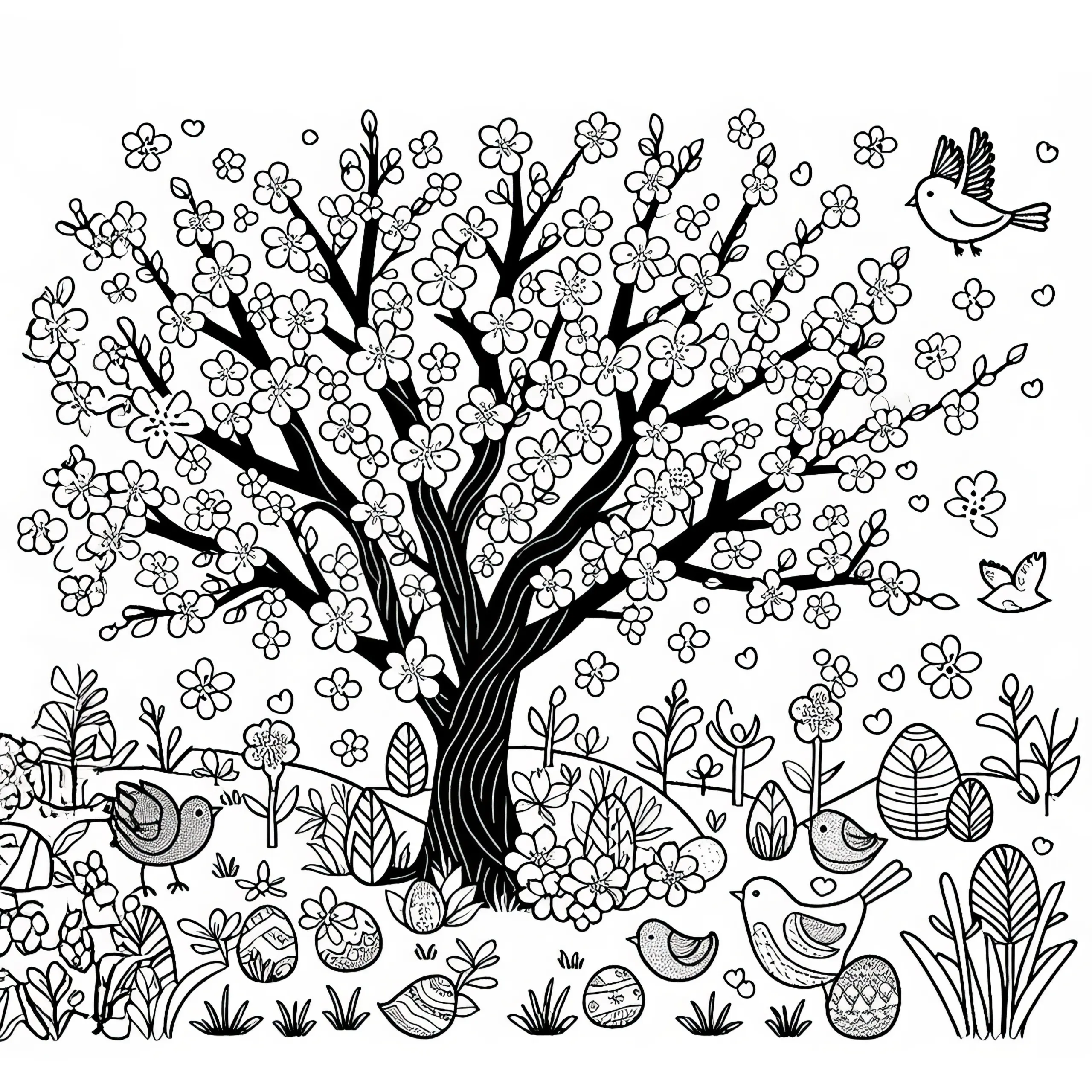 Frühlingsbaum mit Blüten und kleinen Vögeln im April: Kostenloses Ausmalbild