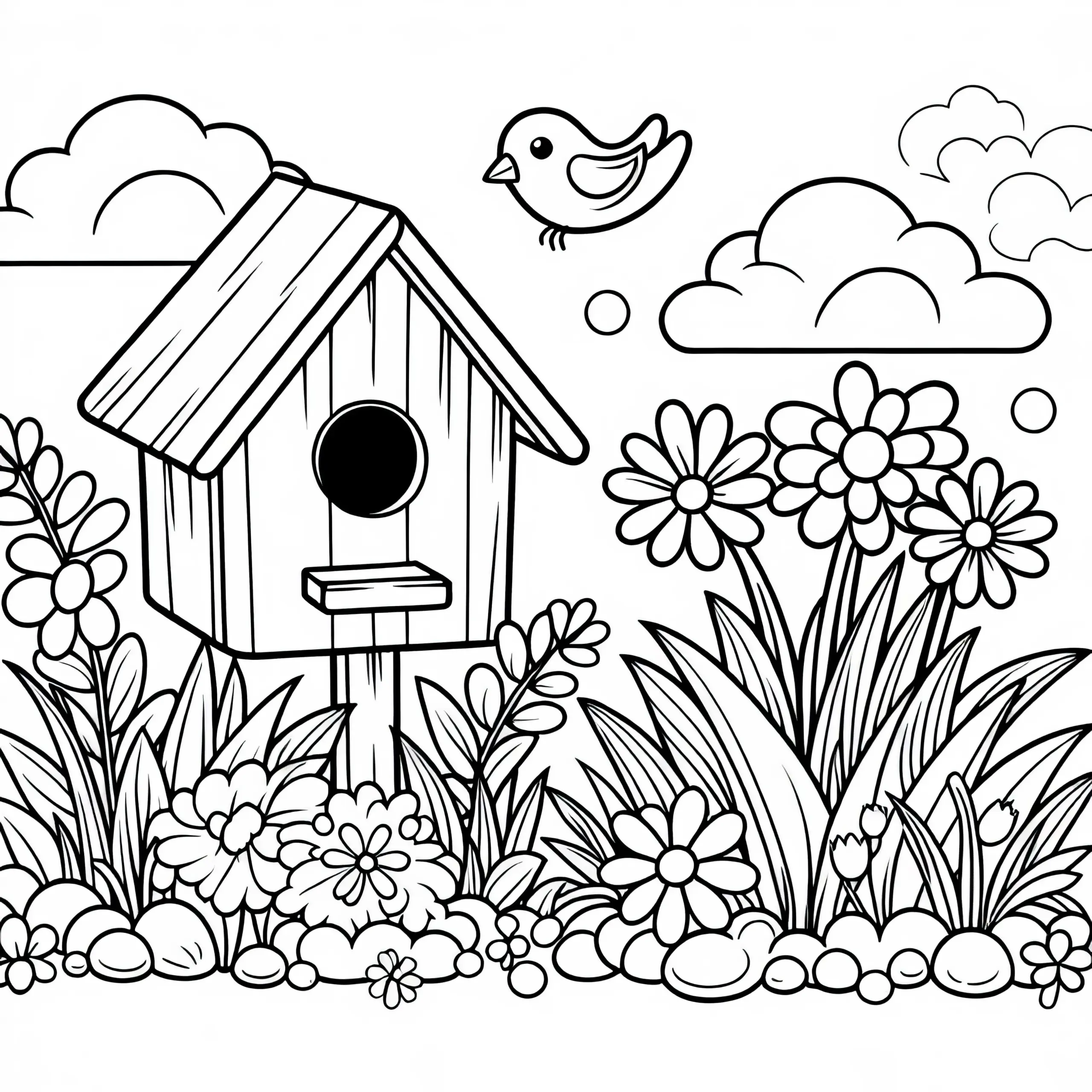 Frühlingsblumen wachsen neben Vogelhäuschen – Malvorlage gratis (Ausmalbild)