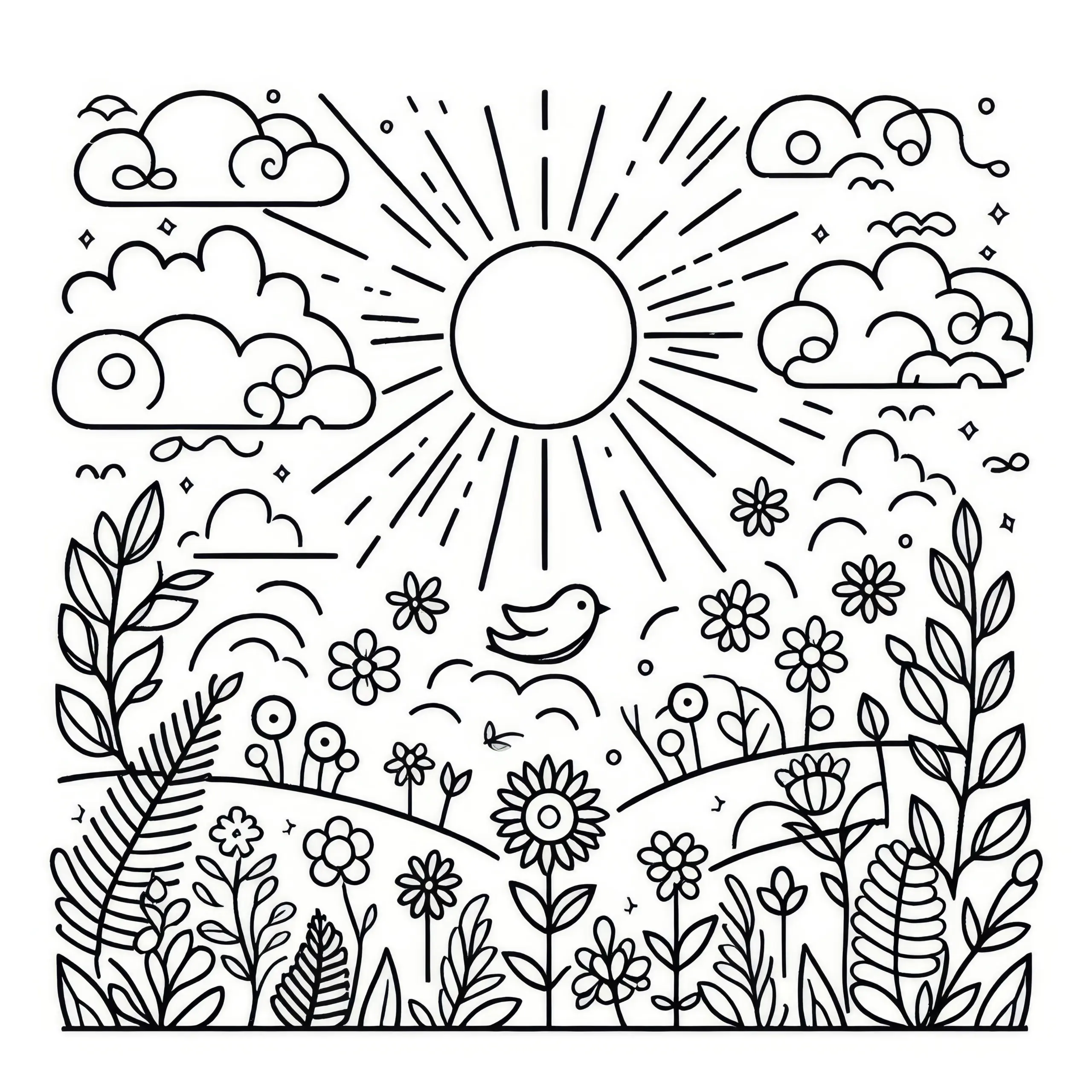 Frühlingshimmel mit Sonne & Wolken: gratis Malvorlage (Ausmalbild)