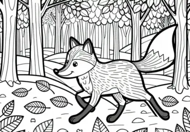 Fuchs rennt durch herbstliche Waldlandschaft – Malvorlage gratis