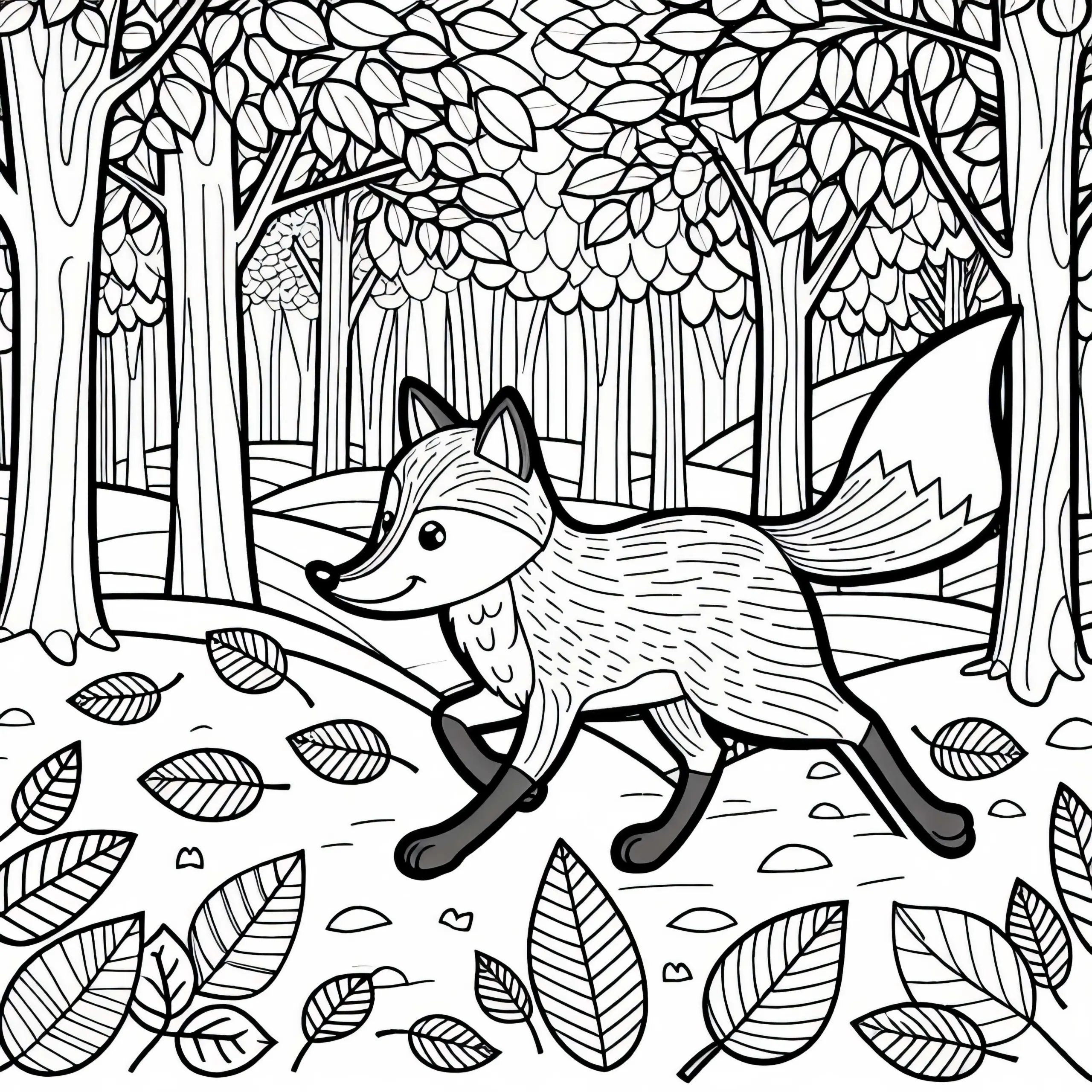 Fuchs rennt durch herbstliche Waldlandschaft – Malvorlage gratis (Ausmalbild)