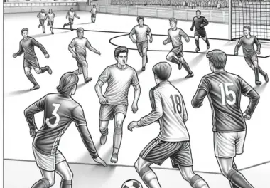 Fußballplatz mit Fußballspielern – Malvorlage, detailreich und gratis