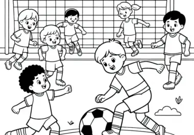 Fußballplatz mit Fußballspielern – Malvorlage einfach gratis