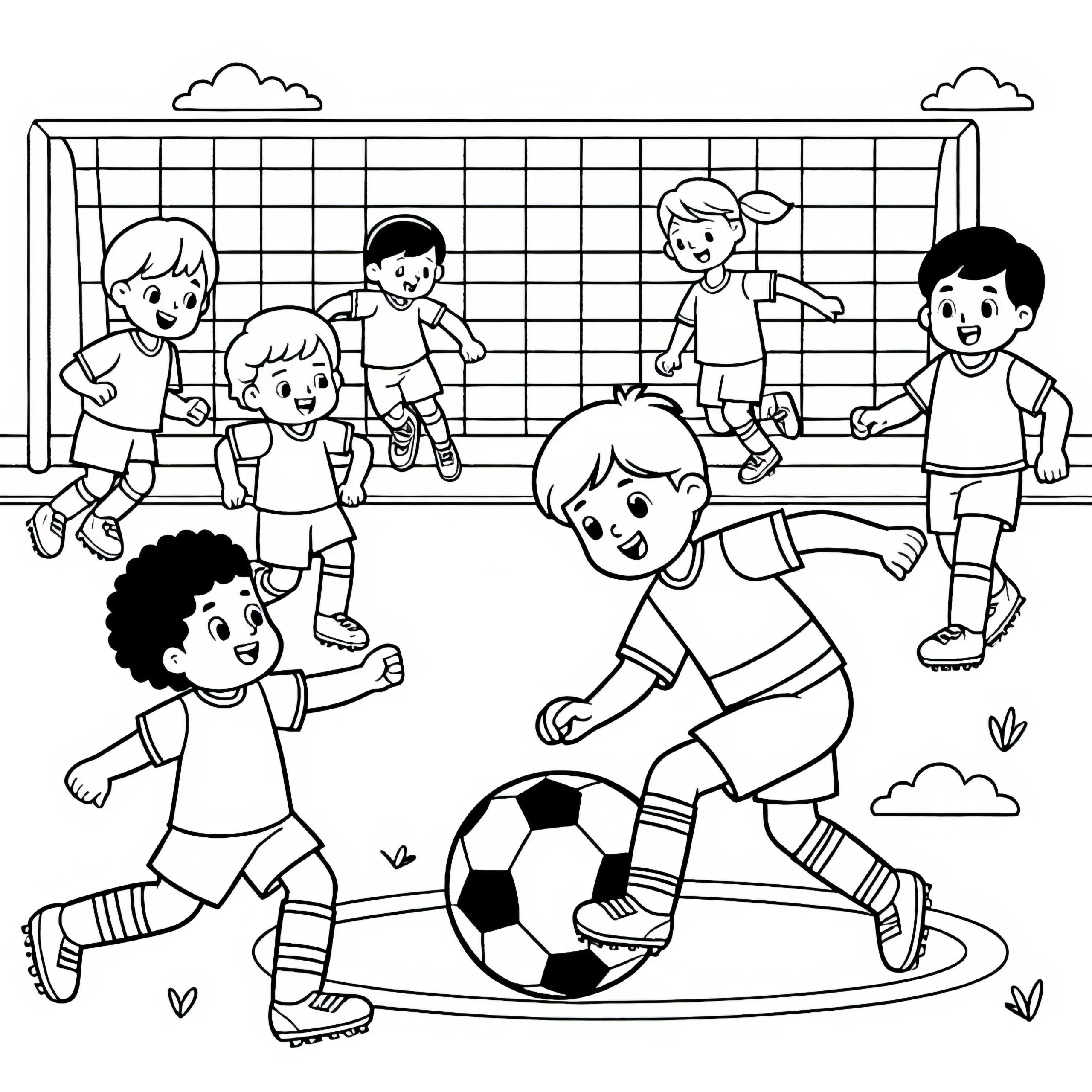 Fußballplatz mit Fußballspielern – Malvorlage einfach gratis (Ausmalbild)