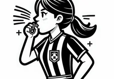 Fußballschiedsrichterin pfeift den Beginn eines Spiels an – Ausmalbild gratis