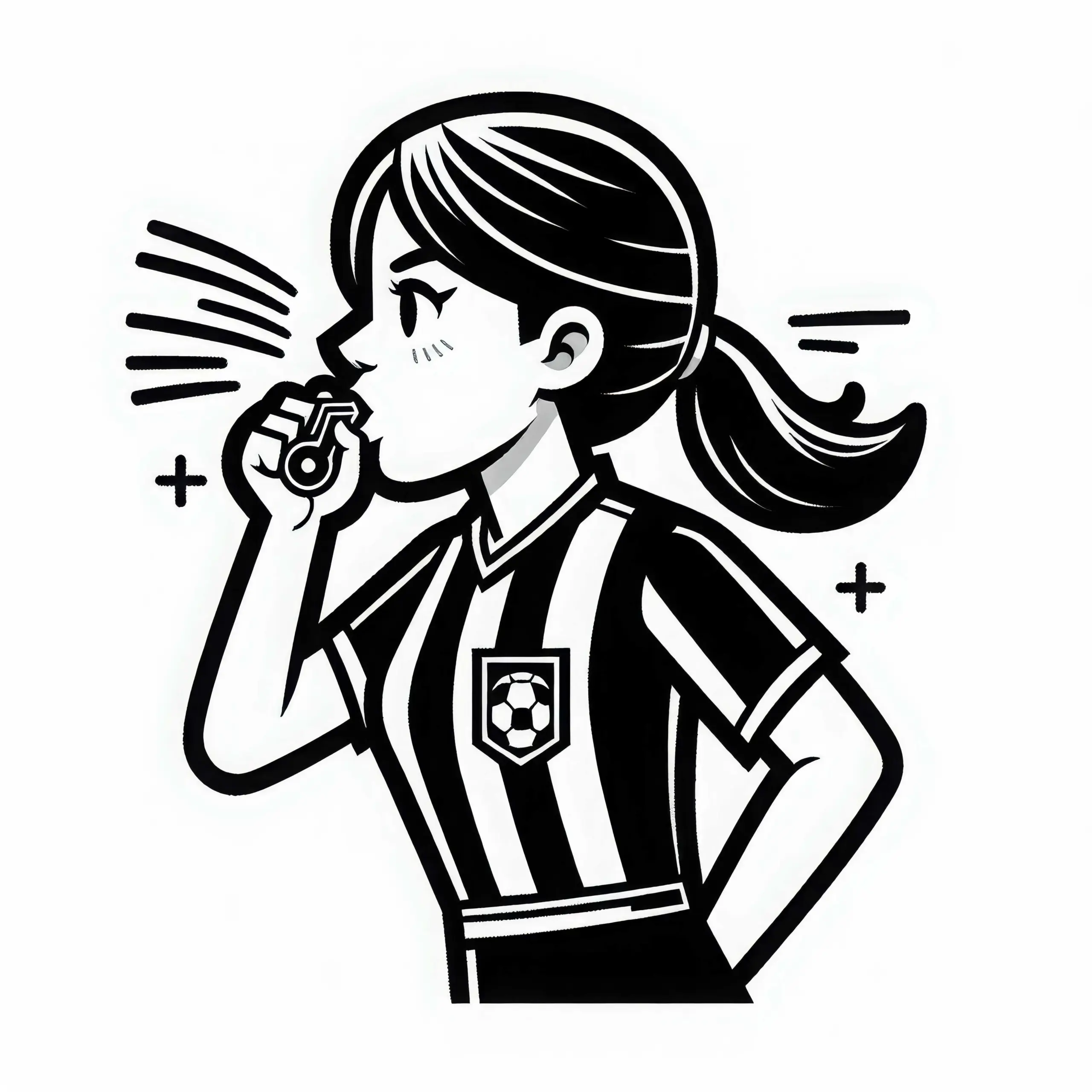 Fußballschiedsrichterin pfeift den Beginn eines Spiels an – Ausmalbild gratis