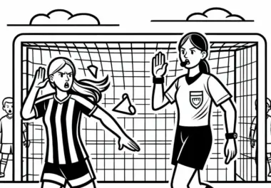 Fußballschiedsrichterin unterbricht das Spiel – Ausmalbild kostenlos