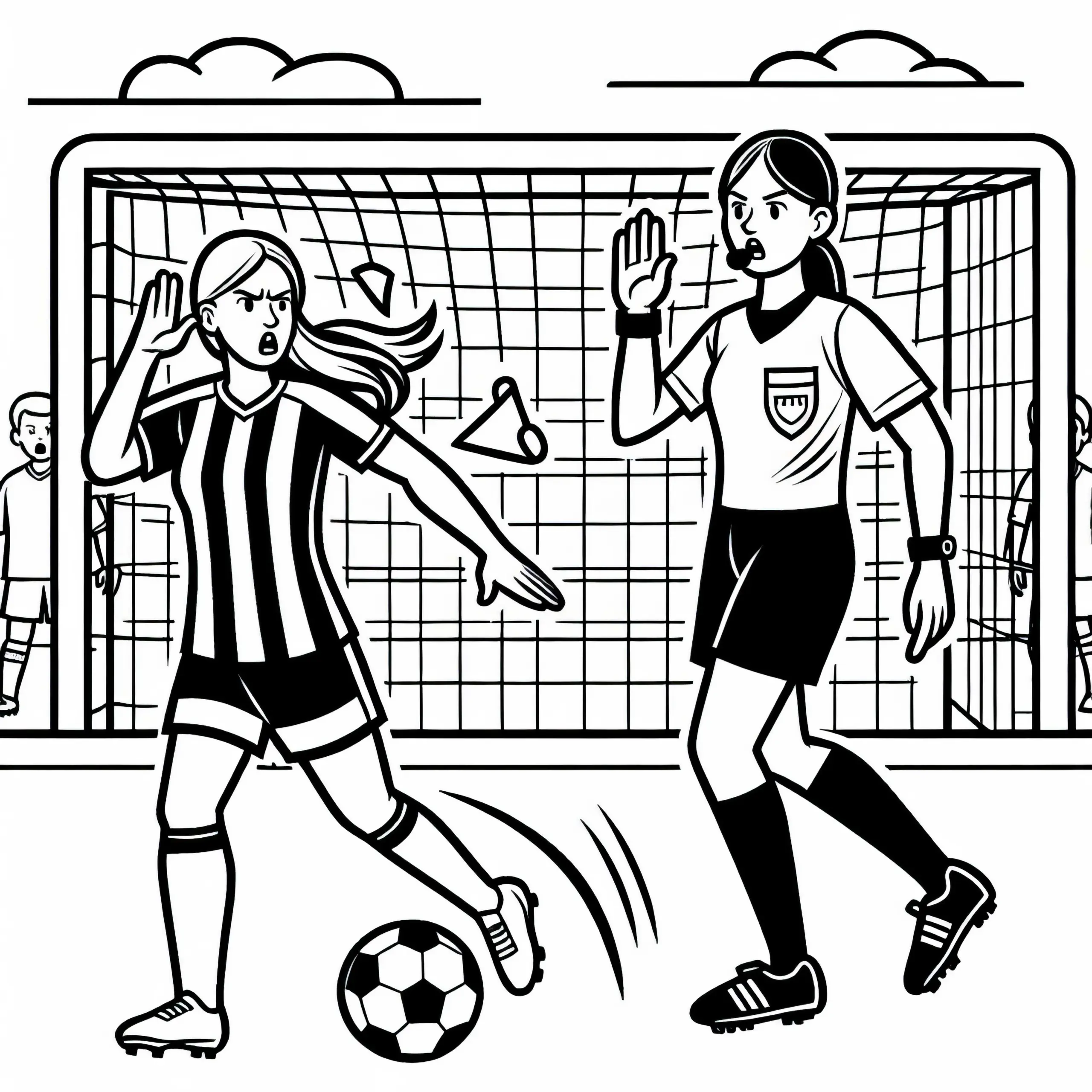 Fußballschiedsrichterin unterbricht das Spiel – Ausmalbild kostenlos