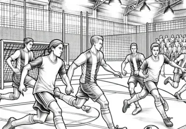 Fußballspiel in der Halle – Ausmalbild kostenlos und detailreich