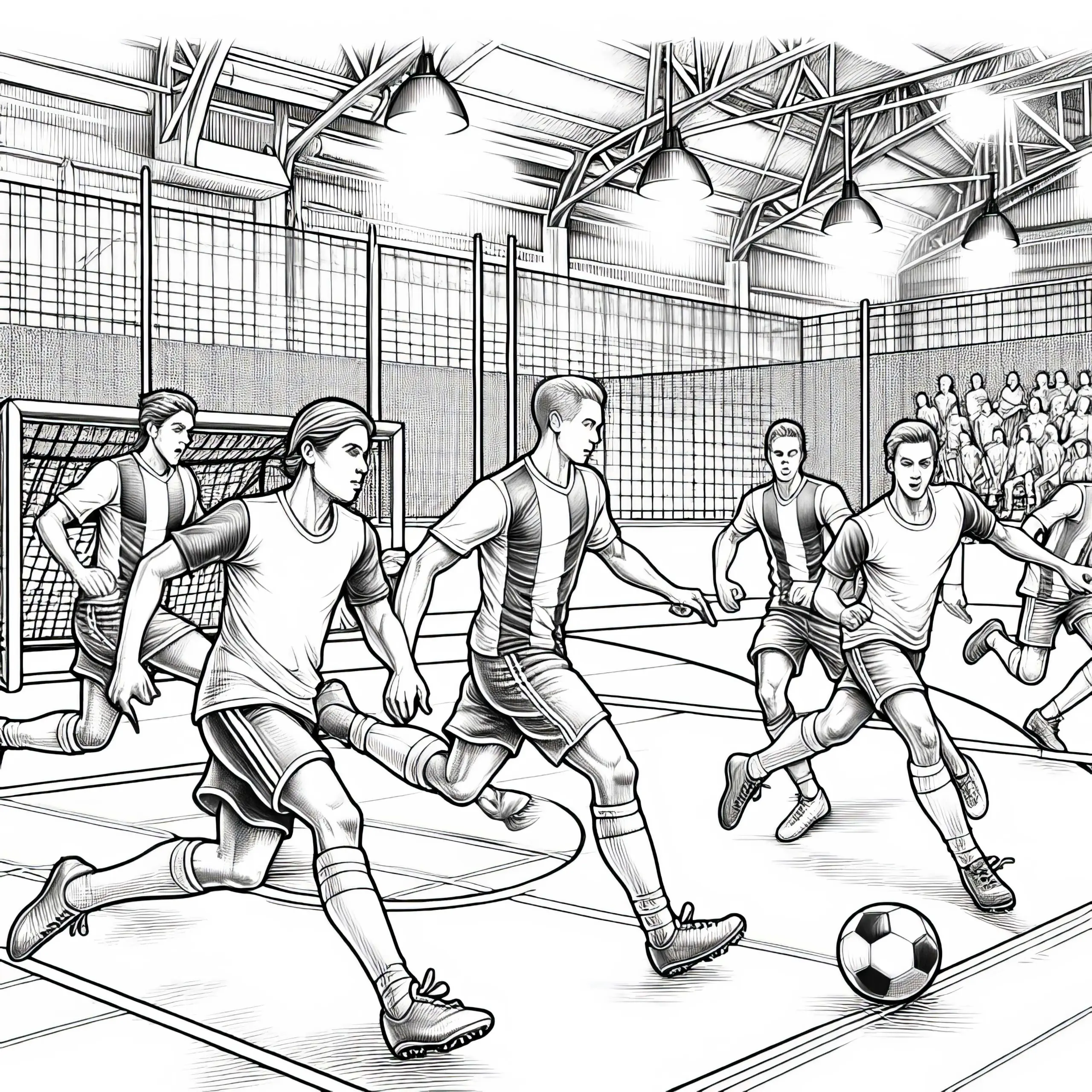 Fußballspiel in der Halle – Ausmalbild kostenlos und detailreich