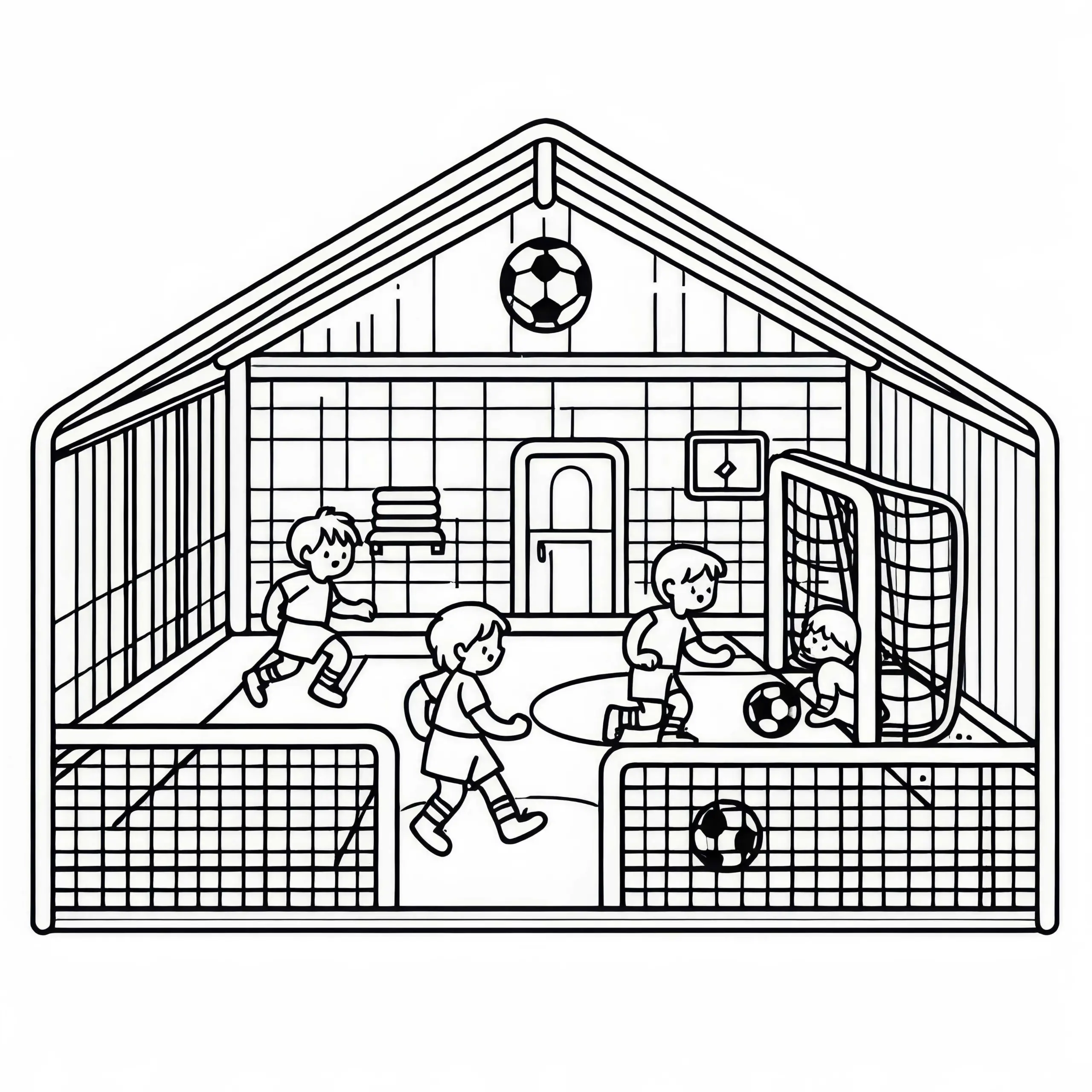 Fußballspiel in der Halle Malvorlage einfach gratis (Ausmalbild)