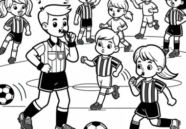 Fußballspiel mit Fußballschiedsrichter als Ausmalbild – Kostenlos herunterladen