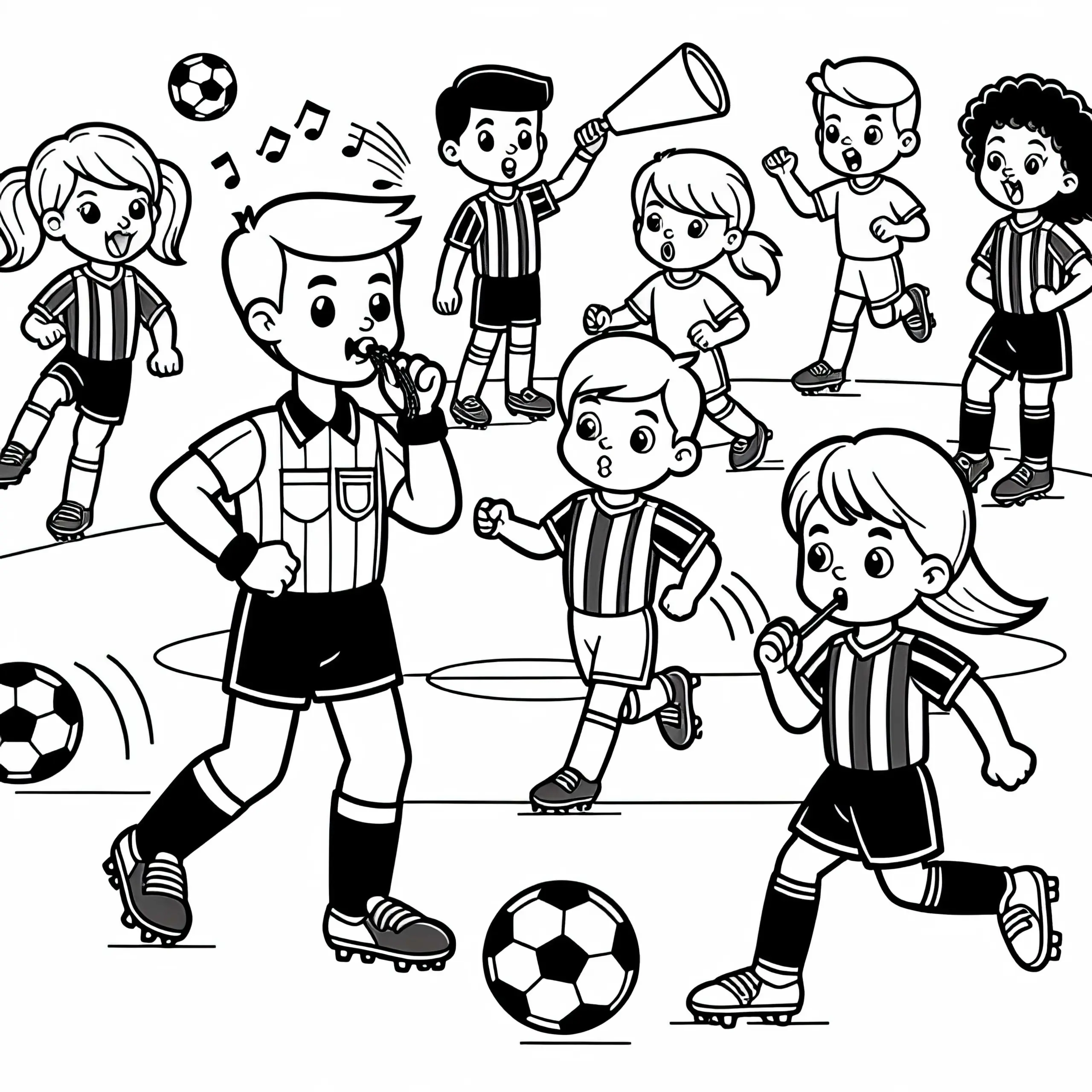 Fußballspiel mit Fußballschiedsrichter als Ausmalbild – Kostenlos herunterladen