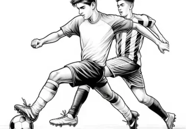 Fußballspieler dribbelt Ball an Gegner vorbei – Kostenloses Ausmalbild