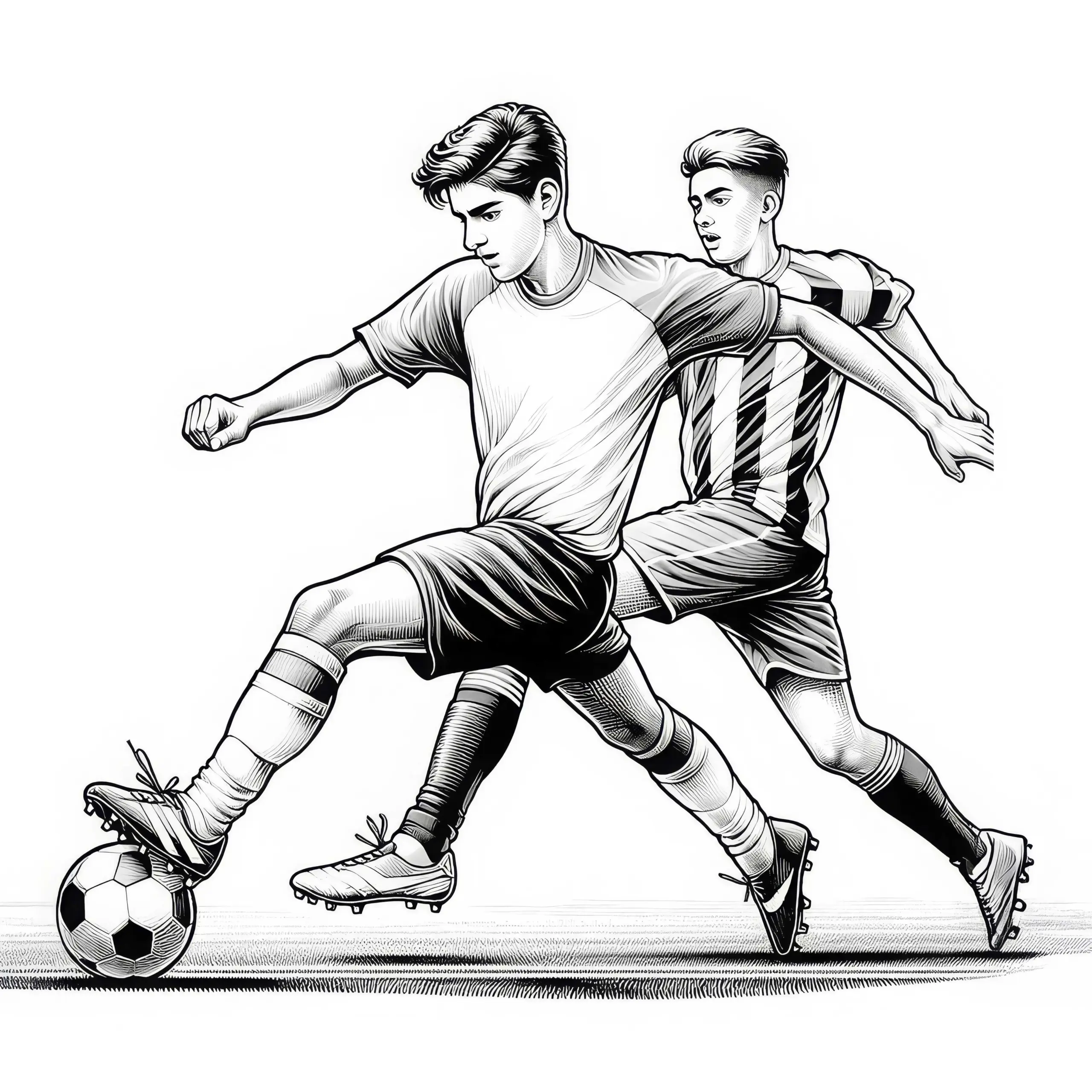 Fußballspieler dribbelt Ball an Gegner vorbei – Kostenloses Ausmalbild