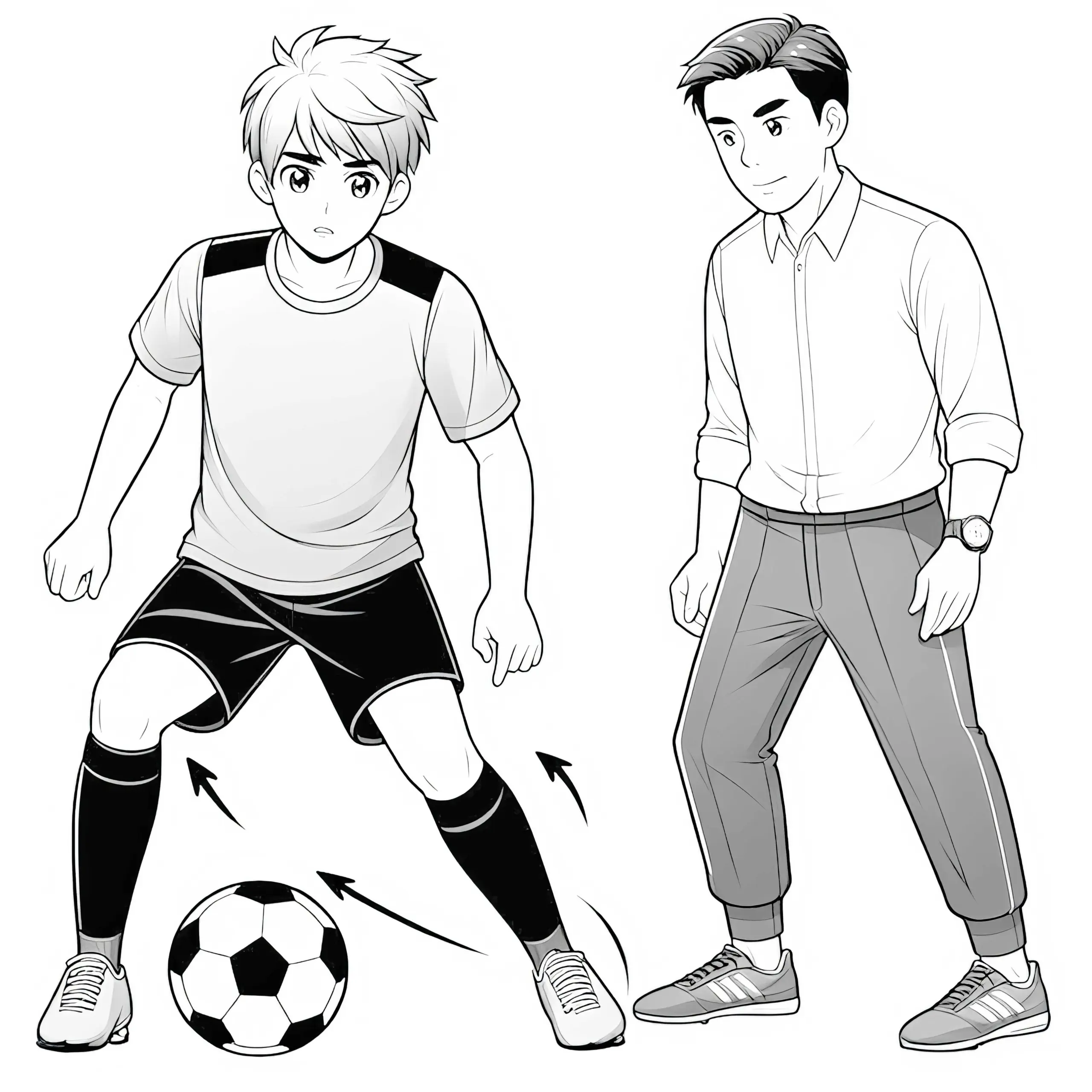 Fußballspieler im Training mit Trainer Malvorlage Kostenlos (Ausmalbild)