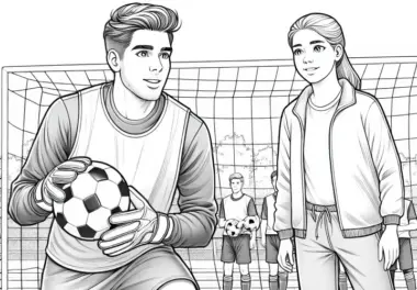 Ausmalbild eines Fußballspielers im Training mit Trainerin – Detailreich und Gratis