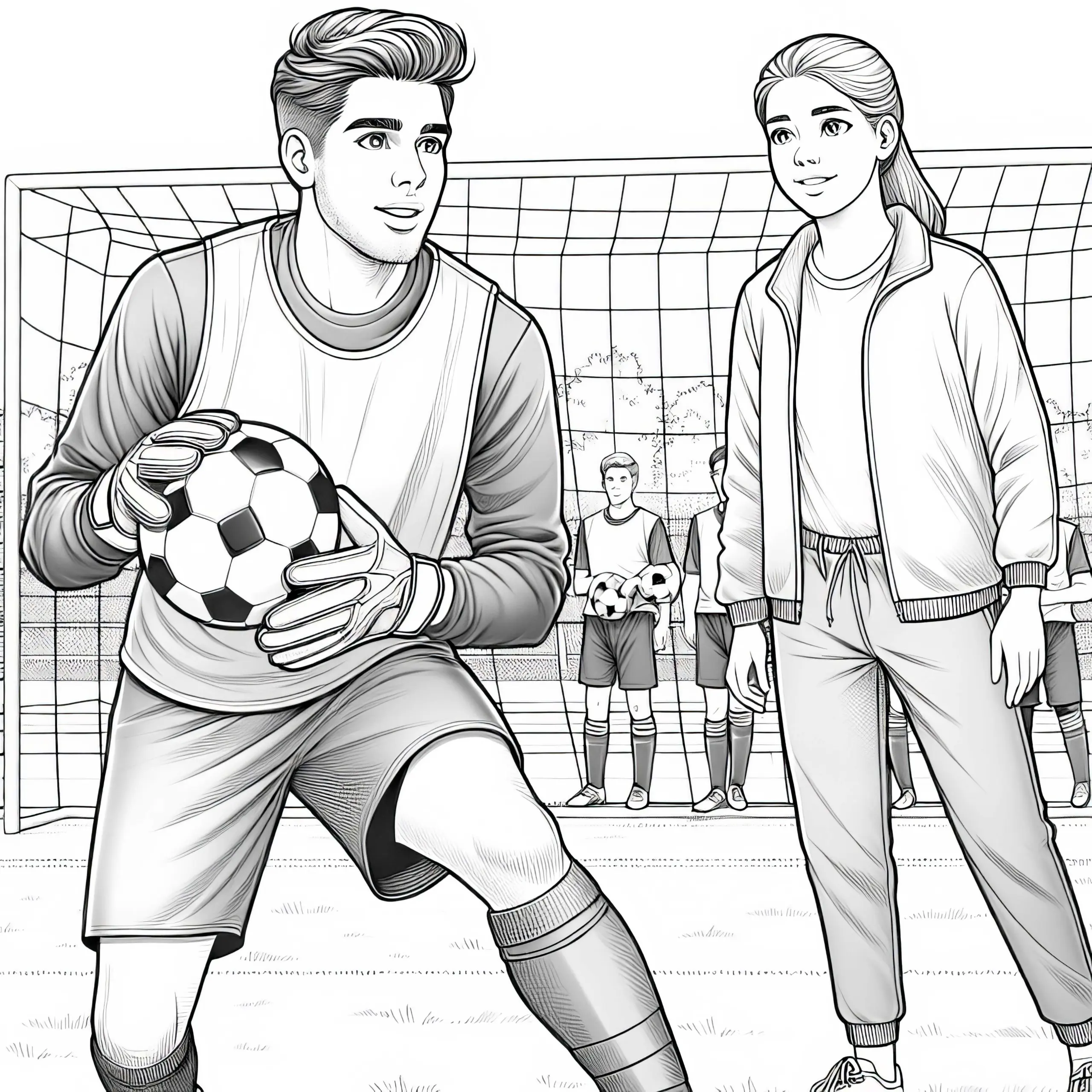 Ausmalbild eines Fußballspielers im Training mit Trainerin – Detailreich und Gratis