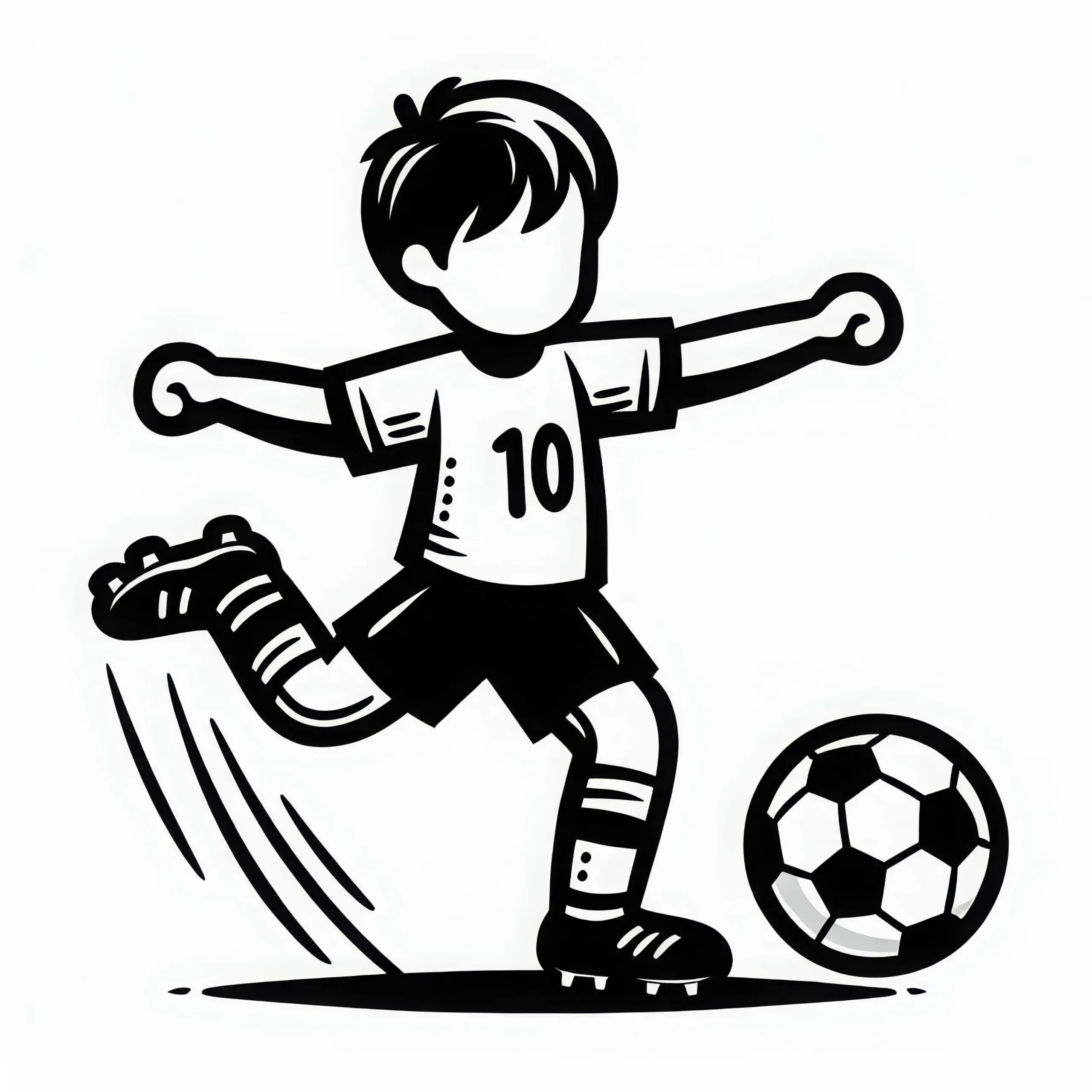 Fußballspieler schießt Ball – Einfache Malvorlage kostenlos (Ausmalbild)