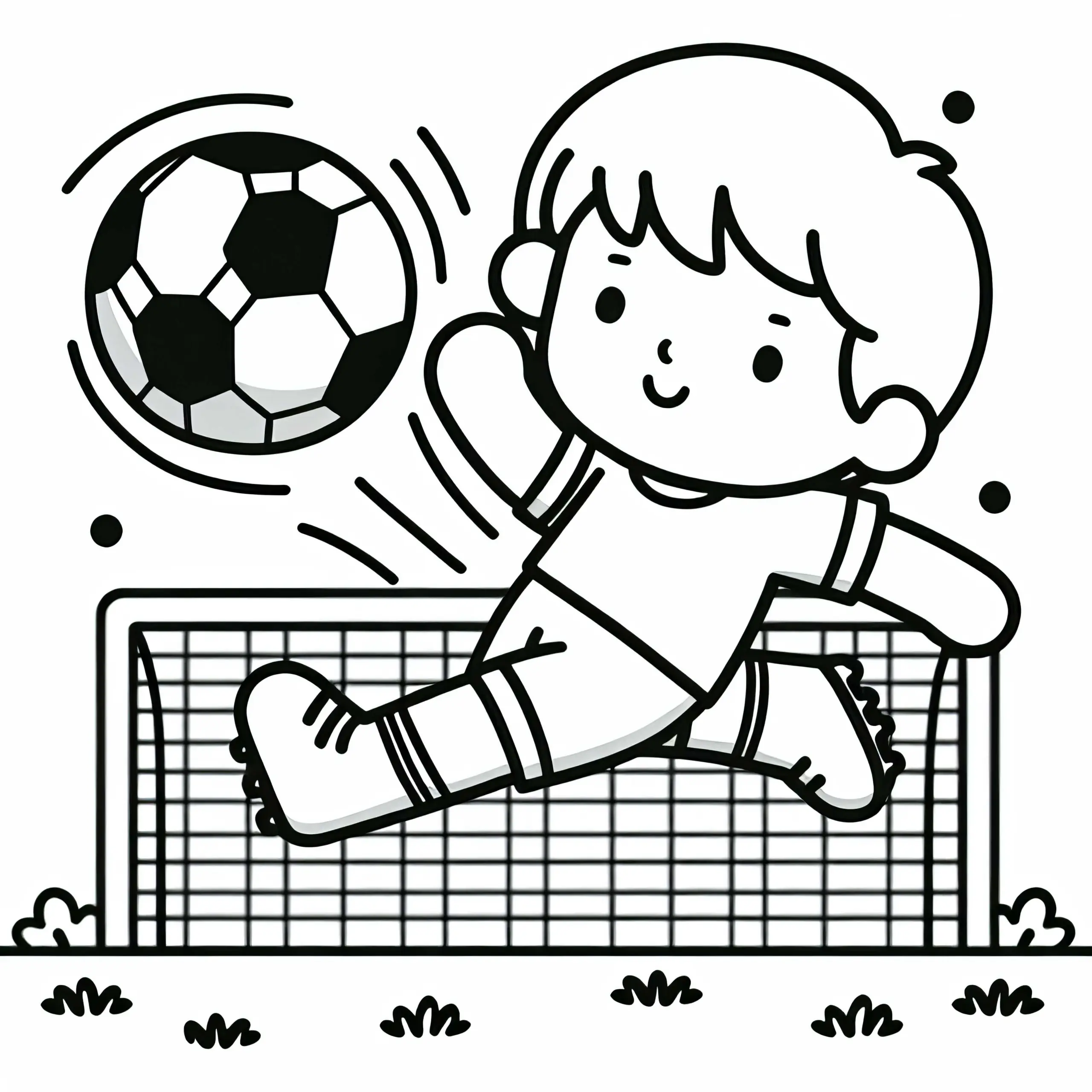 Fußballspieler setzt zum Kopfball an – Ausmalbild einfach und gratis