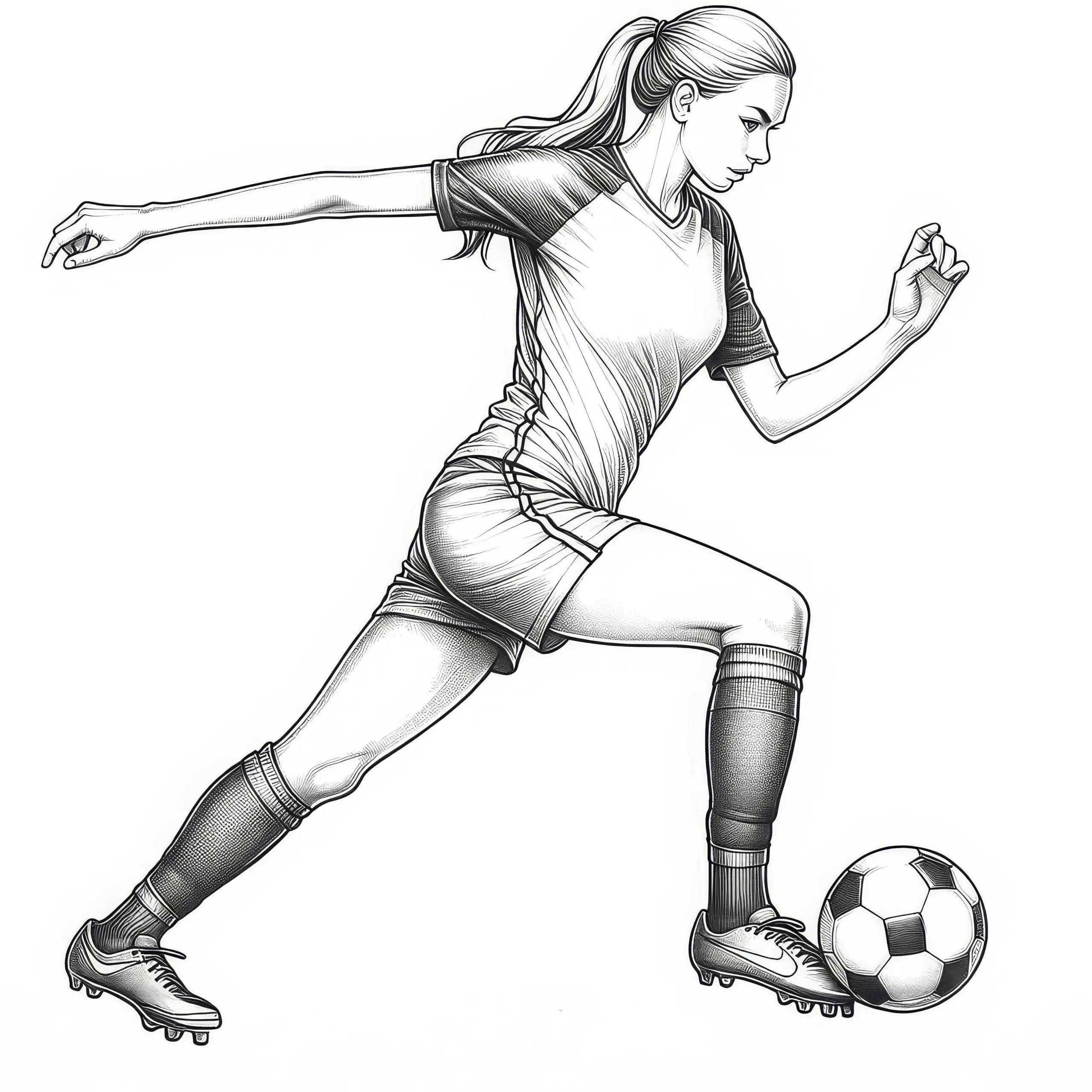 Fußballspielerin beim Aufwärmen vor dem Spiel – Malvorlage detailreich kostenlos (Ausmalbild)