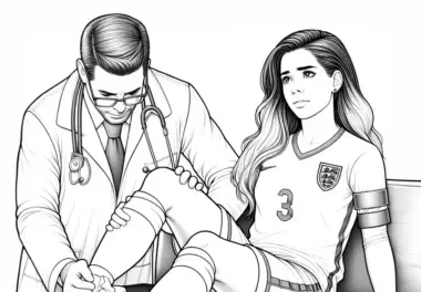 Fußballspielerin, die eine Verletzung behandelt – Ausmalbild detailreich und kostenlos