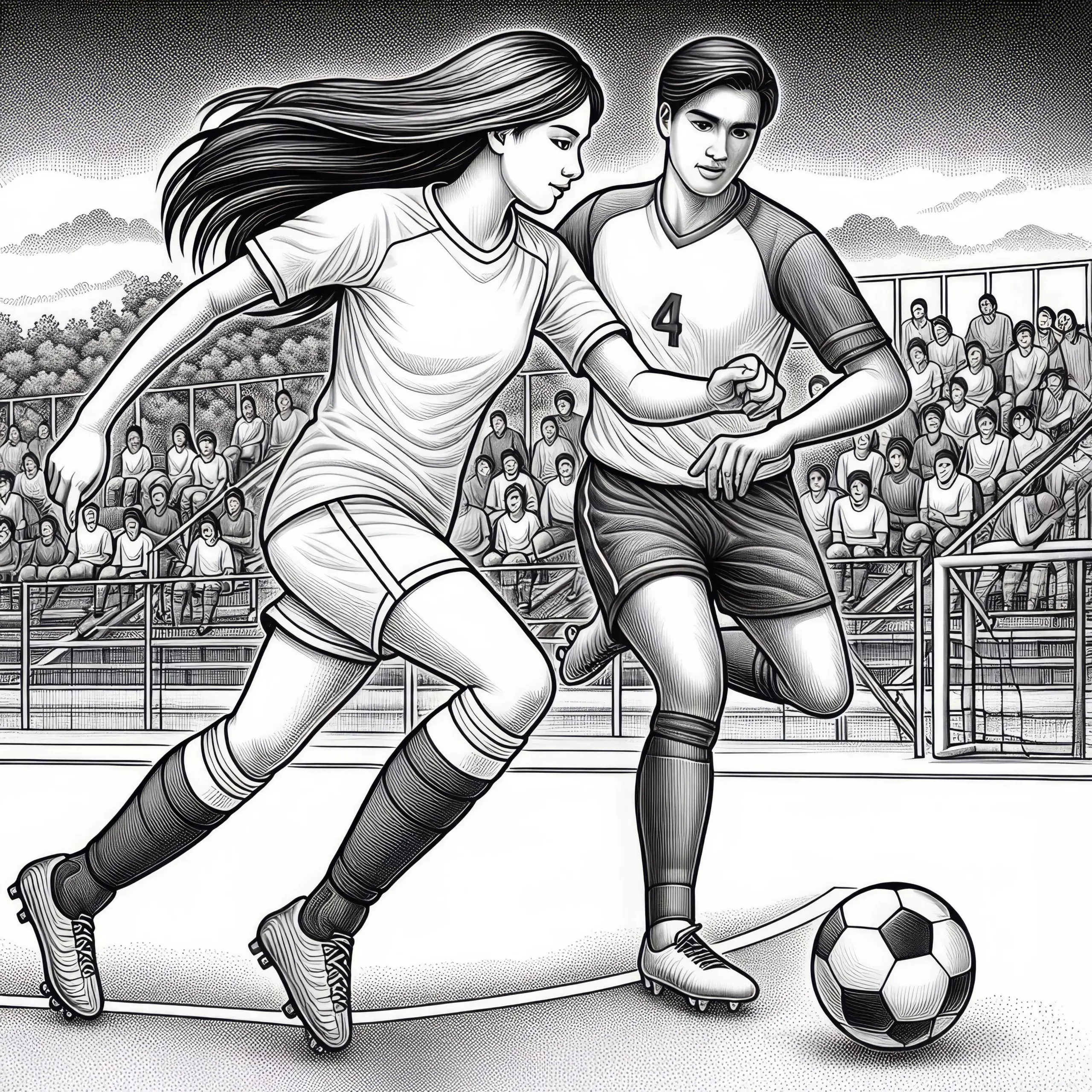 Eine Fußballspielerin, die die Gegner umdribbelt – Malvorlage (Ausmalbild)