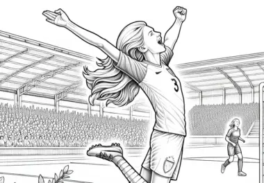 Fußballspielerin jubelt und feiert ein Tor – Ausmalbild zum Download