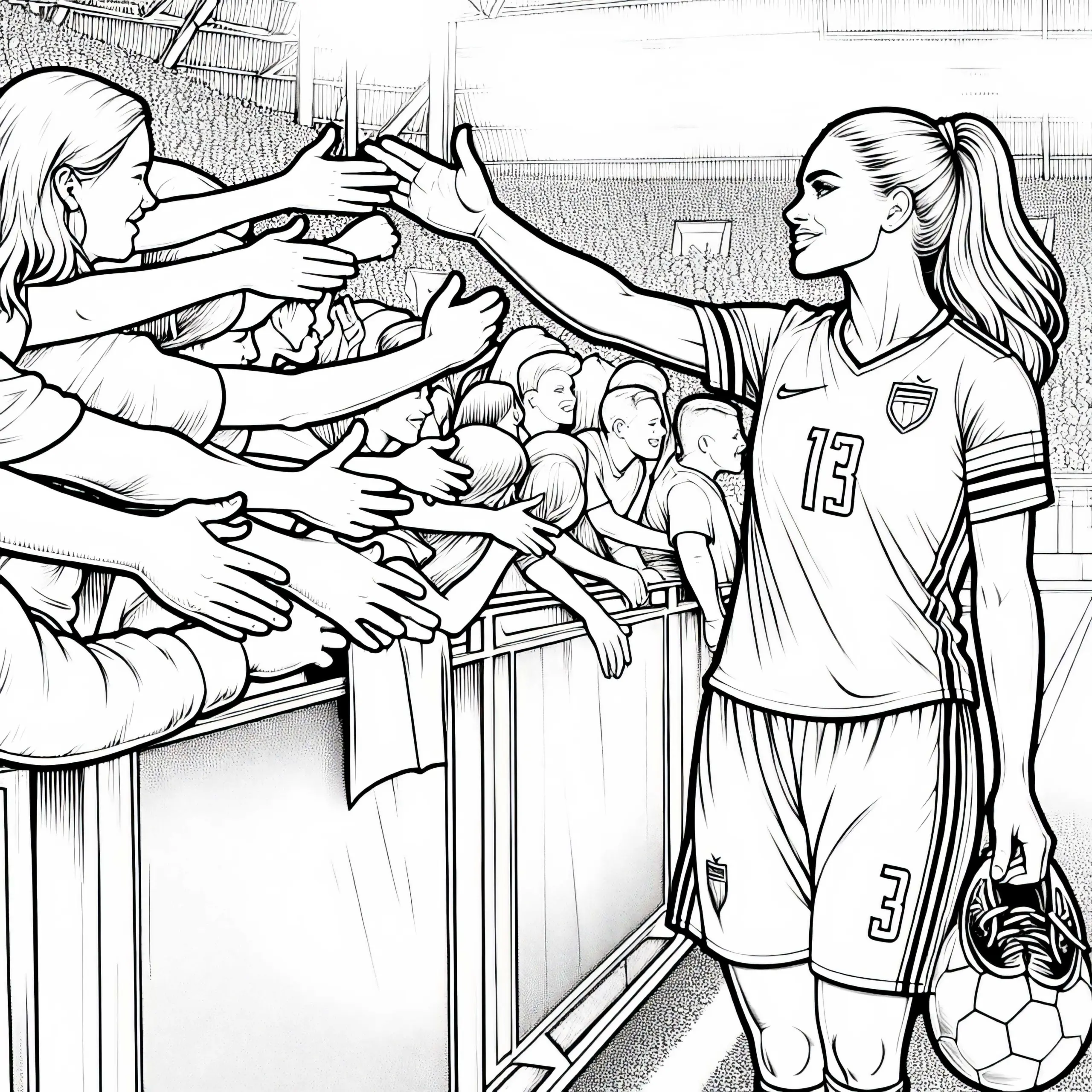 Fußballspielerin, die nach dem Spiel Fans die Hände schüttelt – Ausmalbild kostenlos