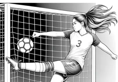 Kostenlose Malvorlage: Fußballspielerin schießt Ball in Richtung Tor – detailreich