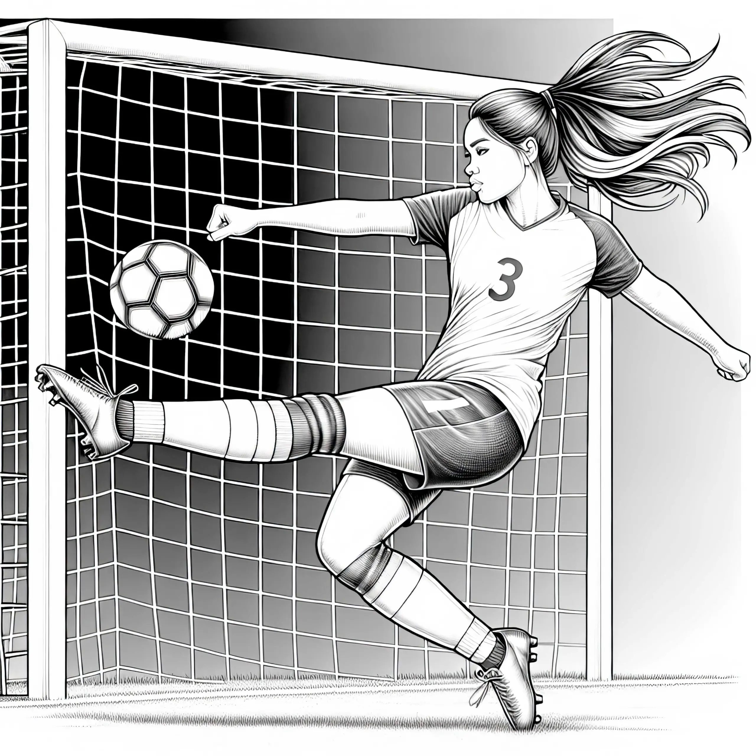 Kostenlose Malvorlage: Fußballspielerin schießt Ball in Richtung Tor – detailreich (Ausmalbild)
