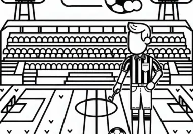 Fußballstadion mit Fußballschiedsrichter: Ausmalbild einfach kostenlos