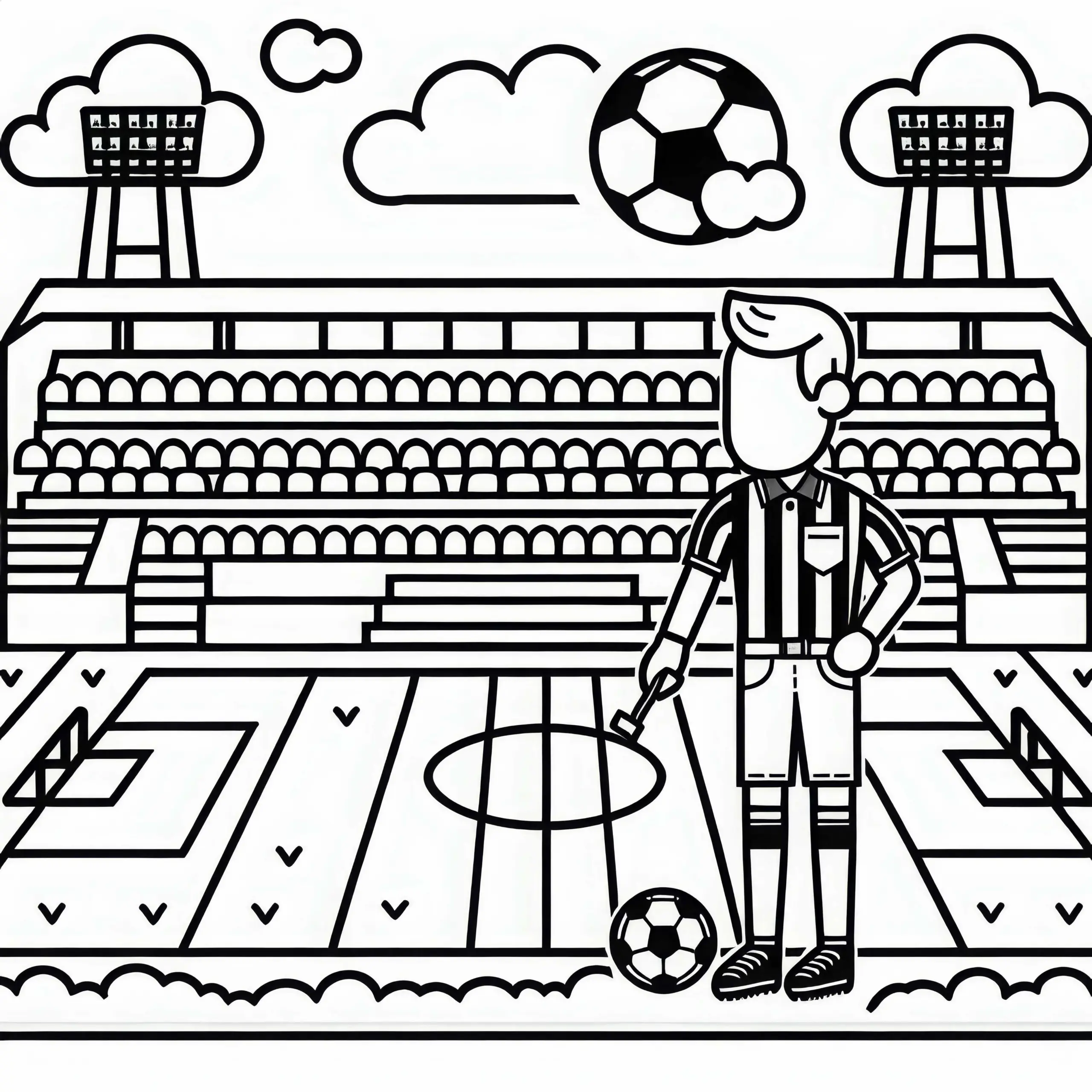 Fußballstadion mit Fußballschiedsrichter: Ausmalbild einfach kostenlos