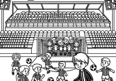 Überschrift: Malvorlage einer Fußballstadion-Szene mit Fußballspielern