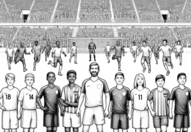 Fußballstadion mit Fußballspielern – Malvorlage in Detailreich und Gratis