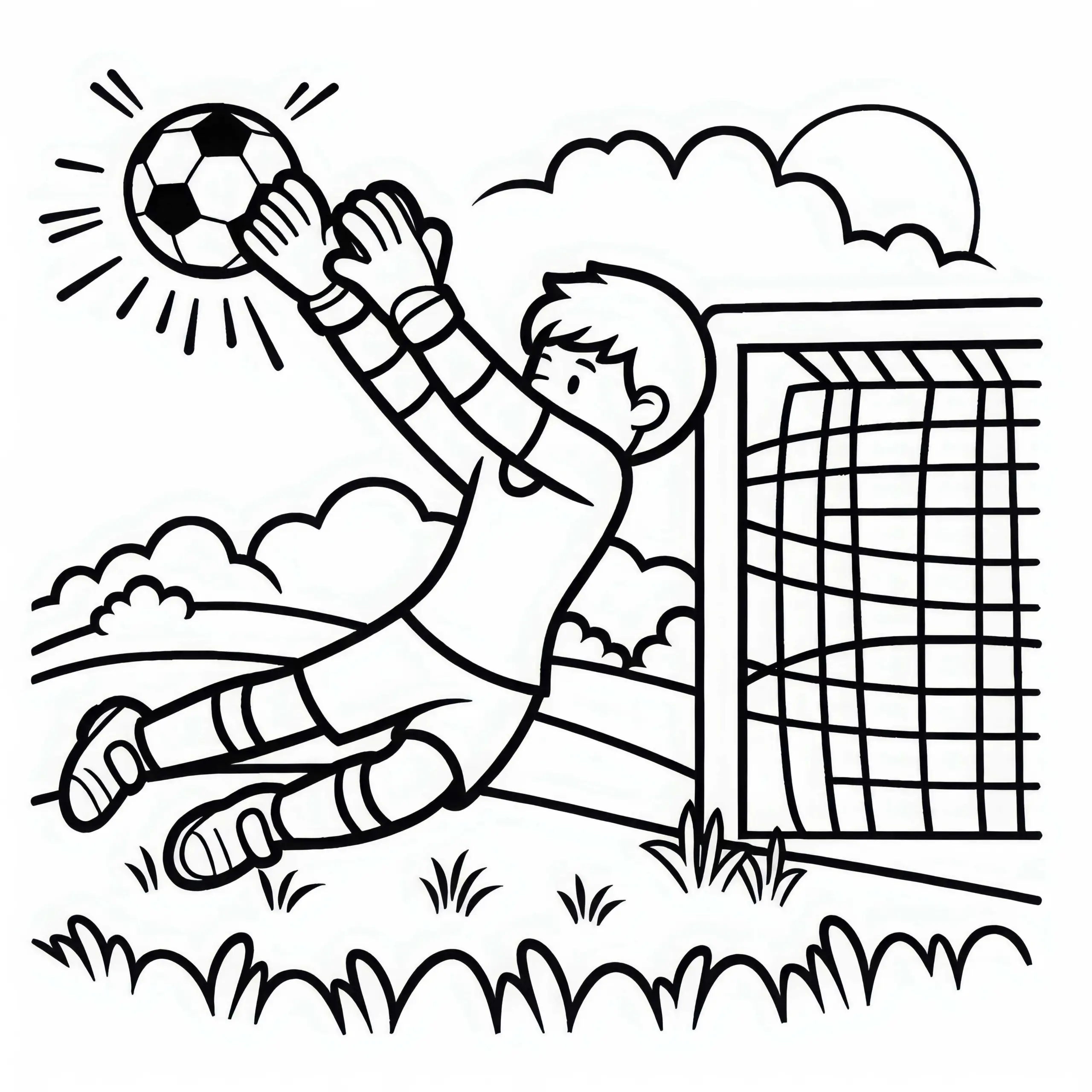 Fußballtorwart macht Parade und hält den Ball – Malvorlage gratis (Ausmalbild)