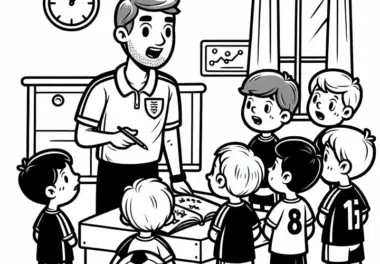 Fußballtrainer bei Besprechung mit Mannschaft – Ausmalbild gratis
